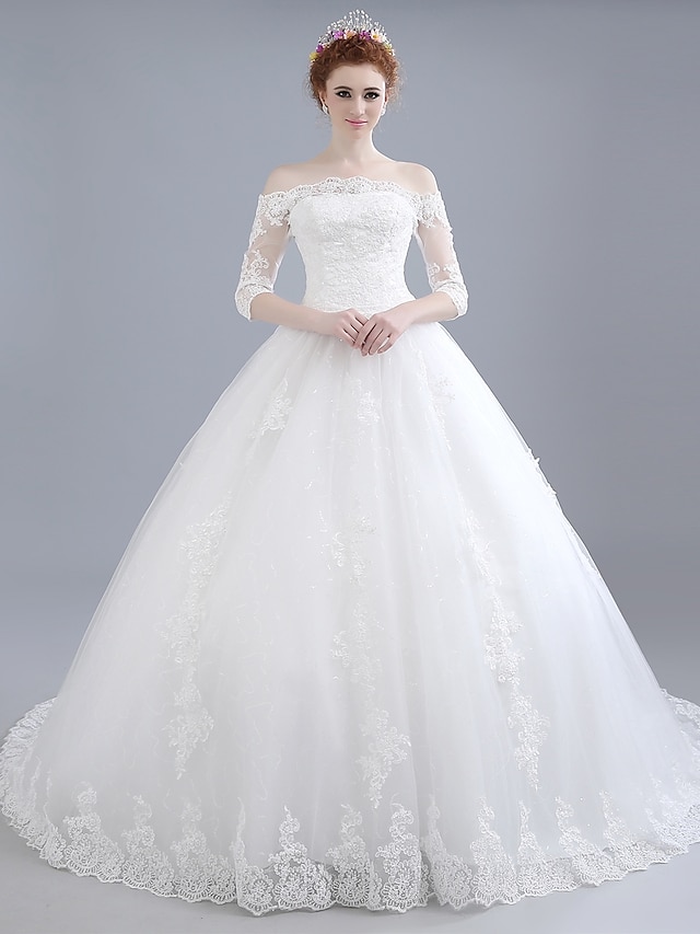  Ball Gown Off Shoulder Chapel Train Lace / Satin / Tulle Made-To-Measure Wedding Dresses with Lace by LAN TING BRIDE®