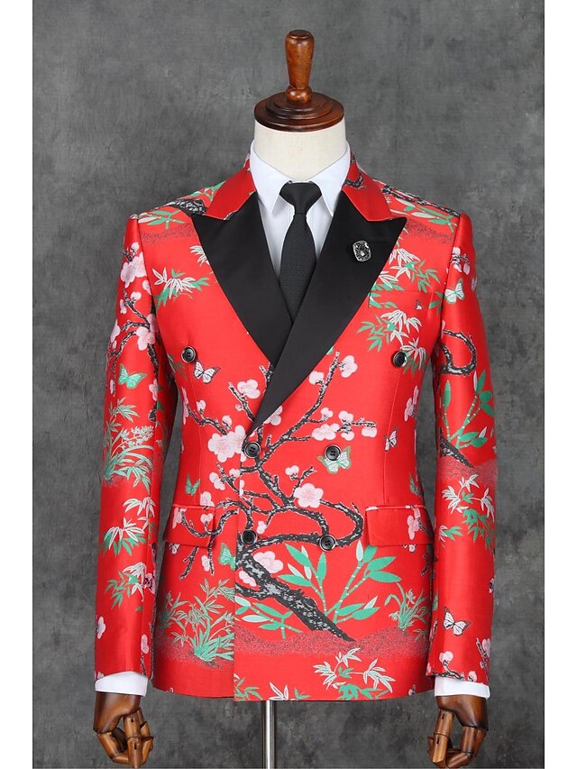  Red Pattern Slim Fit Polyester Suit - Slim Notch Double Breasted Two-buttons / Pattern / Print / Suits