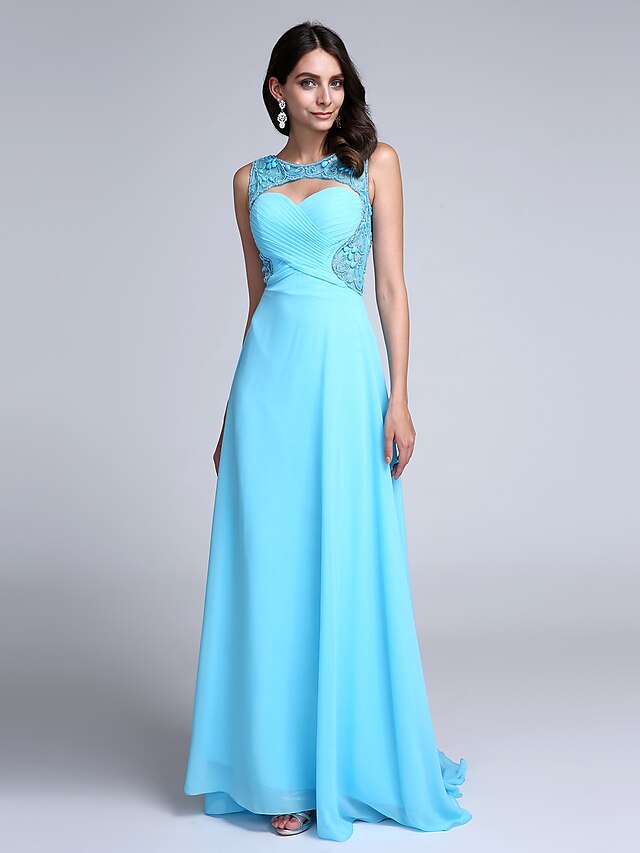  Tubinho Frente Única Baile de Formatura Evento Formal Vestido Scoop pescoço Sem Manga Cauda Escova Chiffon com Miçangas Drapeado Lateral 2020