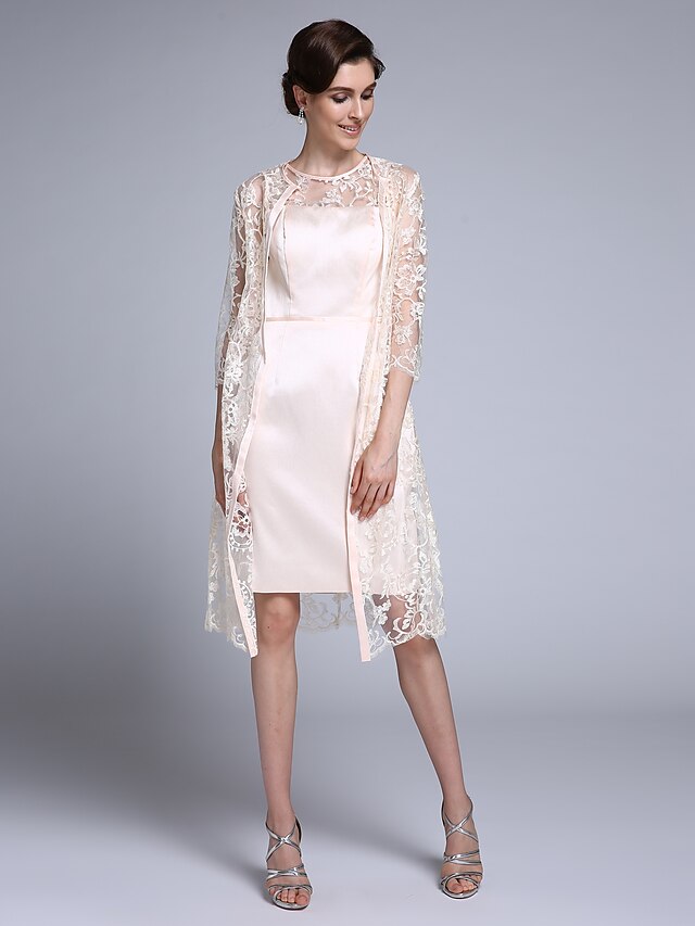  Etui-/Säulen-Juwelenausschnitt, knielang, Chiffon/Spitze, 3/4-Ärmel, wandelbares Kleid, Kleid für die Brautmutter mit Spitze 2020