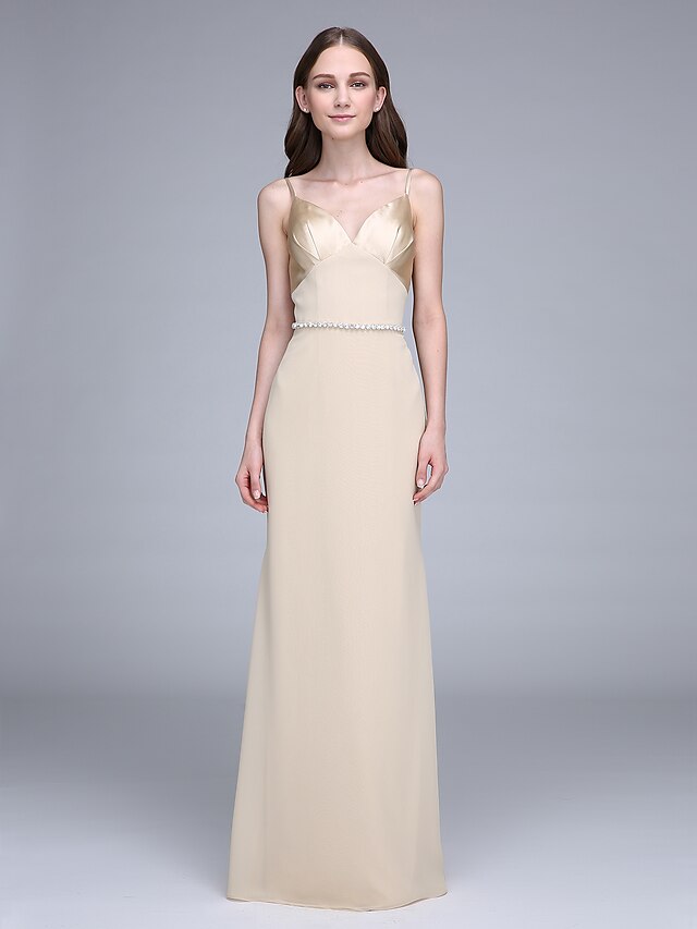  Sheath / Column Spaghetti Strap Floor Length Chiffon Bridesmaid Dress with Crystals by LAN TING BRIDE® / Open Back