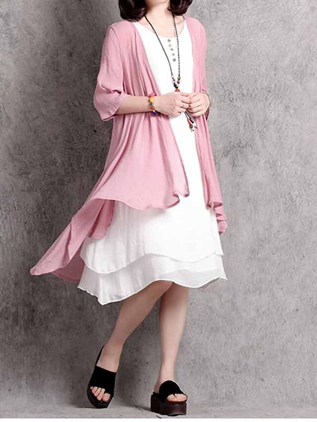  Mulheres Jacket kimono Longo Sólido Casual Simples Branco / Verde Tropa / Rosa claro