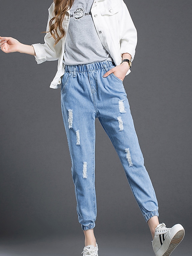  Women's Solid Blue Jeans Pants,Simple