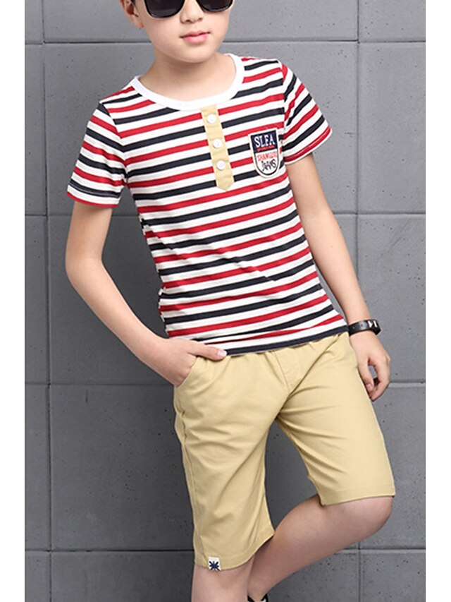  Boys 3D Striped Clothing Set Short Sleeves Summer Cotton 6-12 Y 12 Y+ Casual Daily