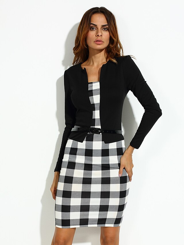  Women's Plus Size Work Cotton Sheath Dress - Check Black & White / Spring / Fall / Slim
