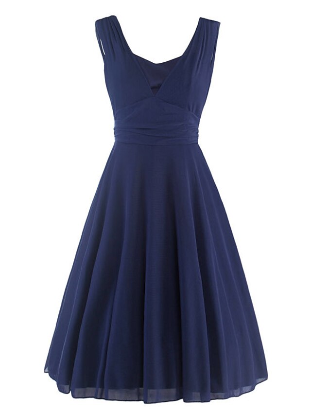  Dámské Vintage Bavlna Pouzdro Šaty - Jednobarevné, Plisé Délka ke kolenům Hluboké V Modrá
