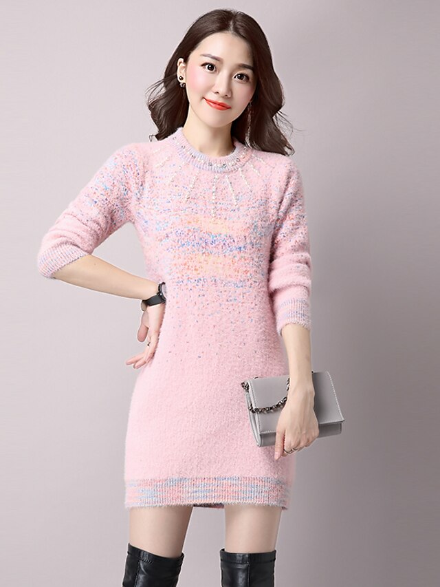  Dames Casual/Dagelijks Street chic Lang Pullover Print-Roze Beige Grijs Ronde hals Lange mouw Wol Katoen Herfst Winter Medium