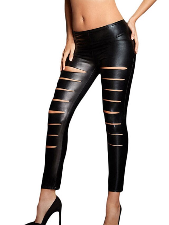  Women's Shredded / Cross - spliced Legging - Solid Colored Black