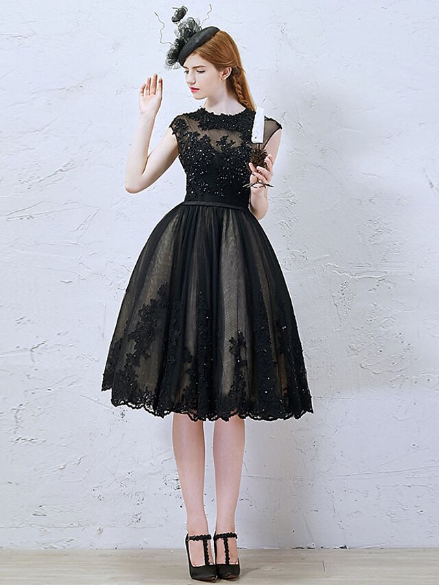  A-Line Little Black Dress Cute Holiday Homecoming Cocktail Party Dress Illusion Neck Sleeveless Knee Length Lace Tulle with Lace Beading Sequin 2020
