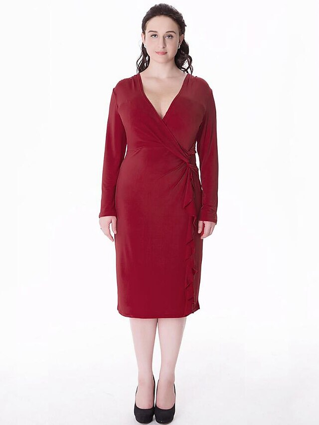  Жен. Большие размеры Оболочка Платье - Однотонный Пэчворк, Плиссировка V-образный вырез До колена