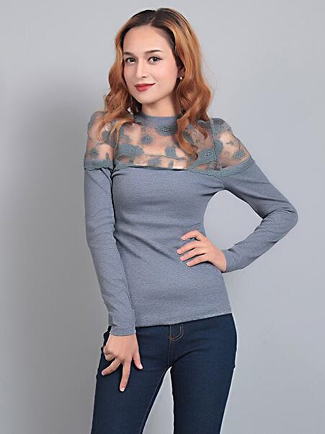  Women's Casual / Daily Street chic T-shirt - Patchwork Lace Crew Neck Gray / Spring / Fall