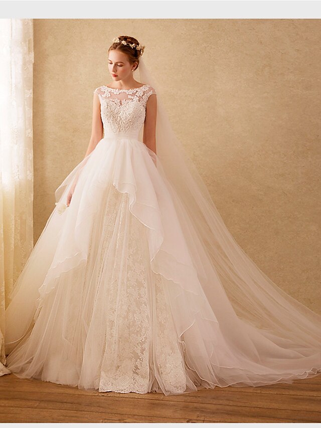  Ball Gown Wedding Dresses Bateau Neck Sweep / Brush Train Organza Beaded Lace Cap Sleeve Formal Floral Lace with Lace Beading Appliques 2020
