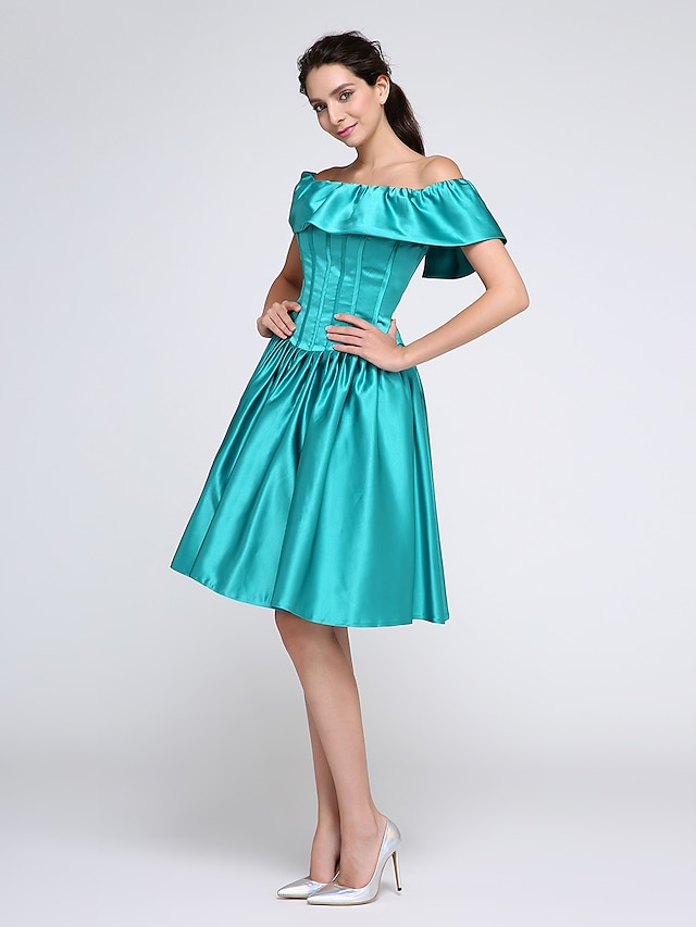  Ball Gown Off Shoulder Knee Length Satin Dress with Ruffles by TS Couture®