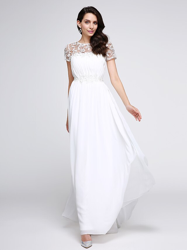  A-Line Dress Prom Formal Evening Floor Length Short Sleeve Illusion Neck Chiffon with Draping Appliques 2024
