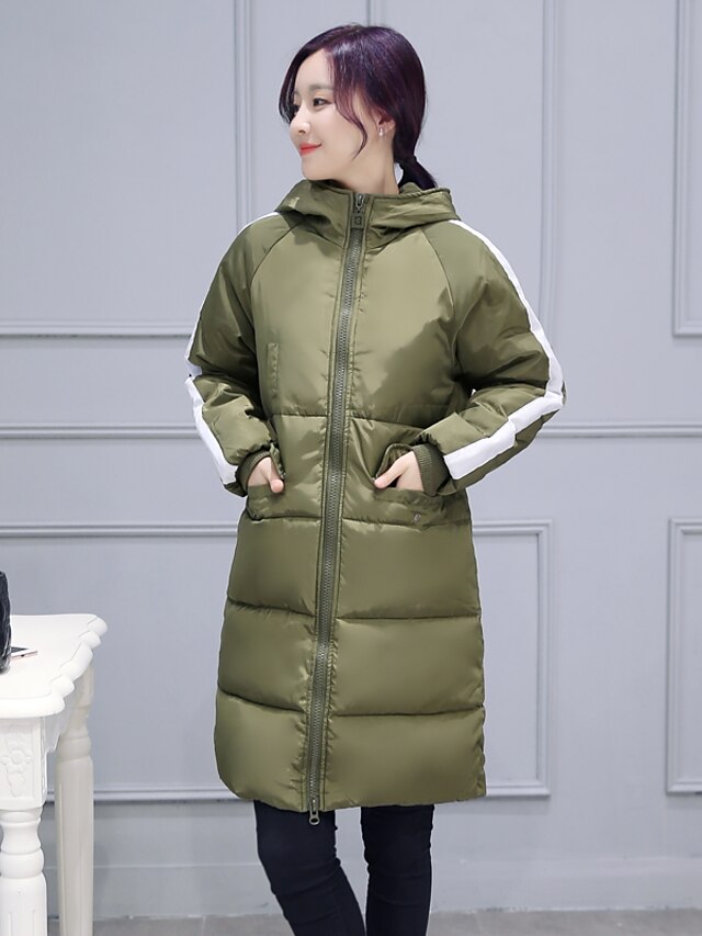  Women's Winter Daily Work Casual Down Striped White Duck Down Long Cotton Polyester Hooded Black / Army Green / Gray / Lined