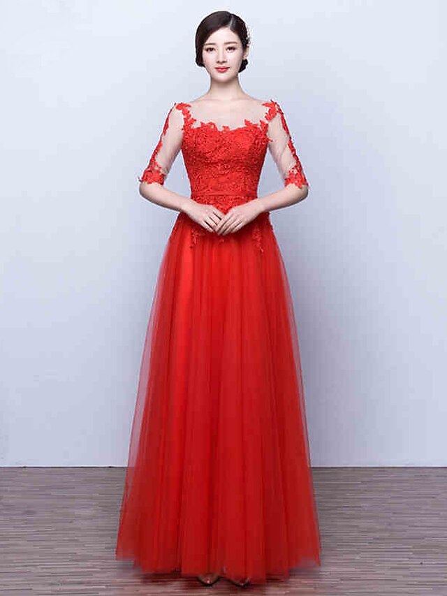  A-Line Formal Evening Dress Scoop Neck Floor Length Tulle with Appliques 2021