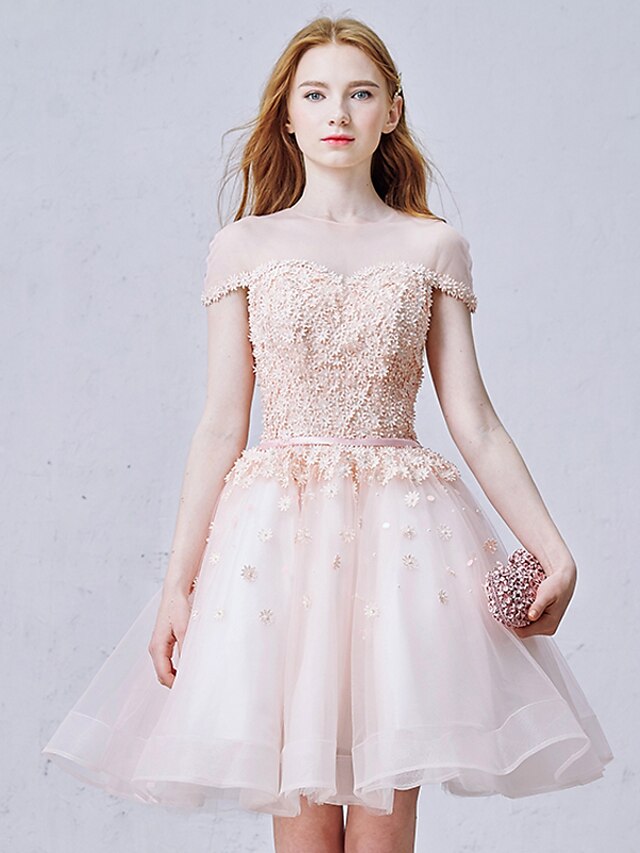  Ball Gown Illusion Neckline Short / Mini Organza Cocktail Party Dress with Beading Sash / Ribbon Flower by Shang Shang Xi