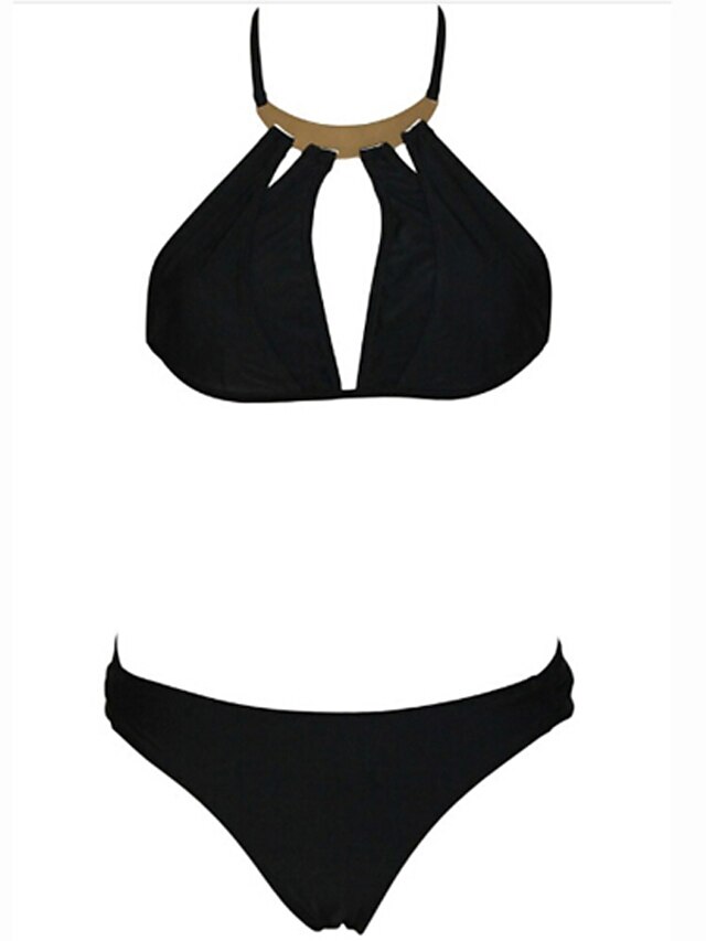  Women's Swimwear Bikini Swimsuit Black Halter Neck Bathing Suits Solid Cutouts
