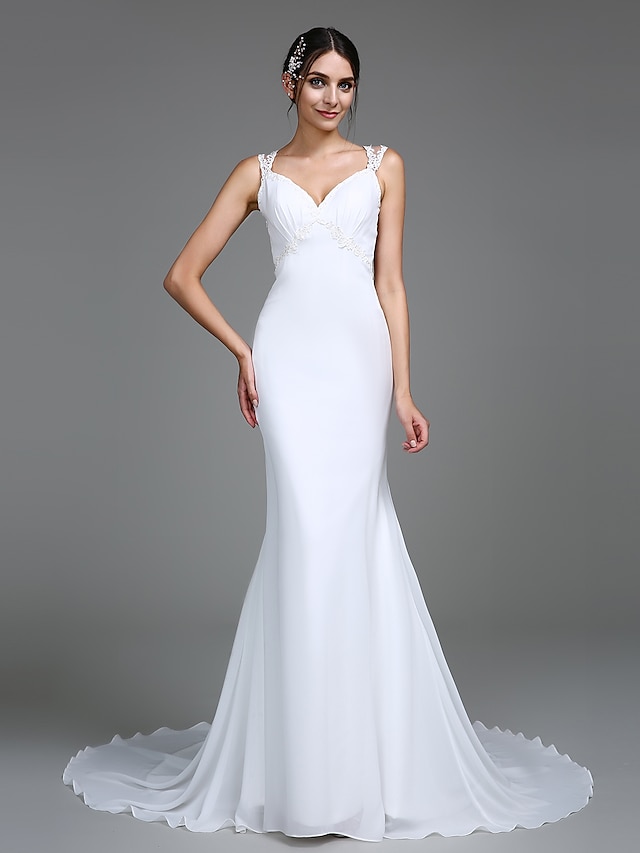  Sellő fazon V-alakú Udvari uszály Sifon Made-to-measure esküvői ruhák val vel Rátétek által LAN TING BRIDE®