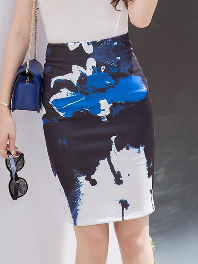  女性用 ストリートファッション ボディコン スカート お出かけ プラスサイズ カラーブロック スリット ダークブルー S M L / スリム / プリント