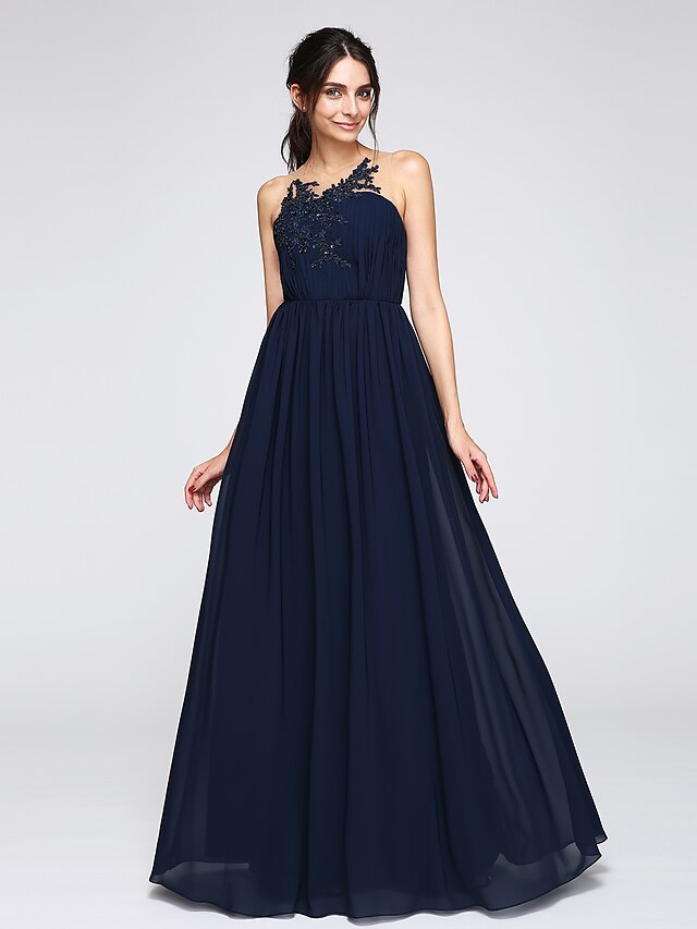  A-Line See Through Formal Evening Dress Illusion Neck Sleeveless Floor Length Chiffon with Buttons Draping Appliques 2020