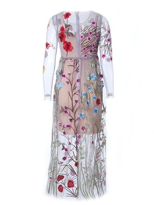  Women's Casual/Daily Vintage Chinoiserie Sheath Lace Dress,Floral Round Neck Maxi Long Sleeves Polyester Fall High Rise Inelastic