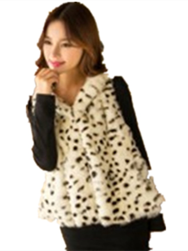 Women's Plus Size /  Party/Cocktail Sexy / Simple Fur Coat,Leopard Hooded Sleeveless Fall / Winter White Acrylic Thick