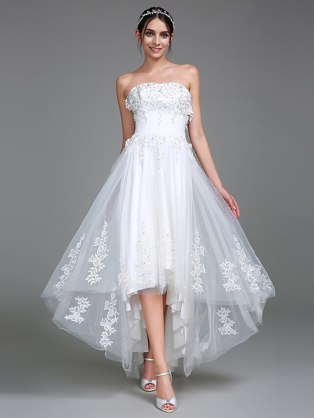  A-Line Wedding Dresses Strapless Asymmetrical Tulle Strapless with Ruched Appliques 2020