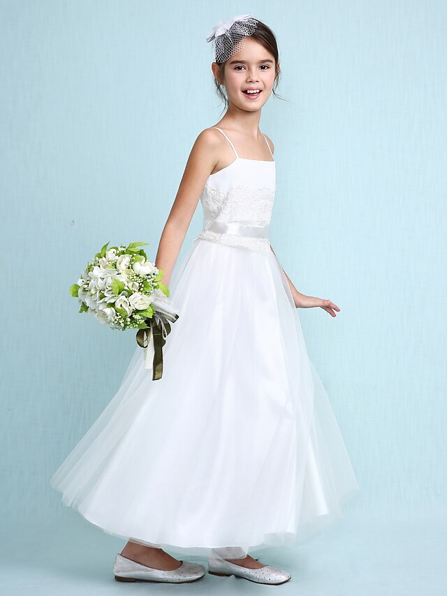  A-Line Ankle Length Flower Girl Dress - Tulle Sleeveless Spaghetti Strap with Lace by LAN TING BRIDE®