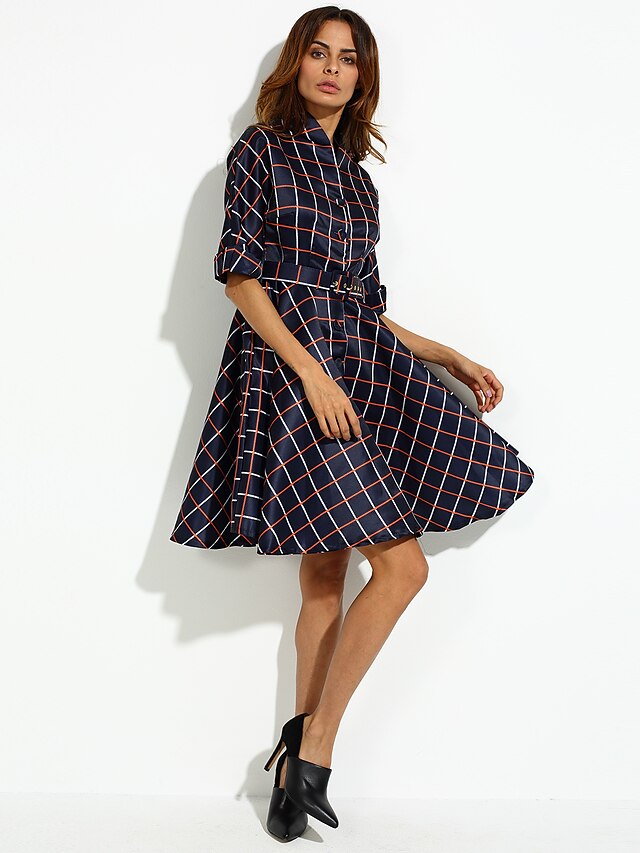  Femme Robe Fourreau Toutes les Saisons - simple Plissé Damier Col en V Travail Noir S M L XL