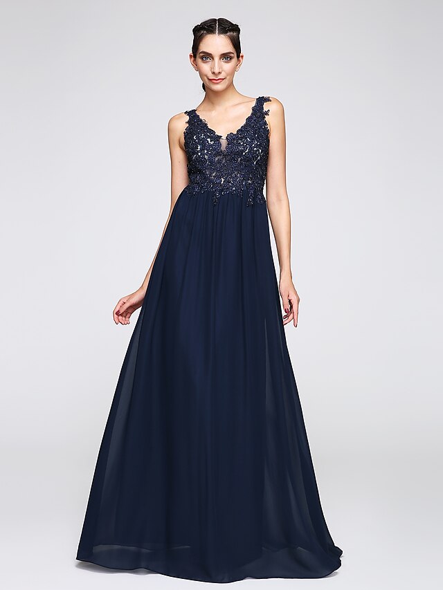  A-Line Open Back Prom Formal Evening Dress V Neck Sleeveless Floor Length Chiffon with Appliques
