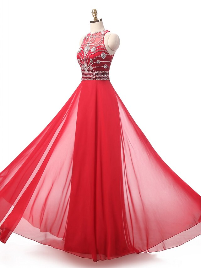  A-Line Jewel Neck Floor Length Chiffon Formal Evening Dress with Beading by