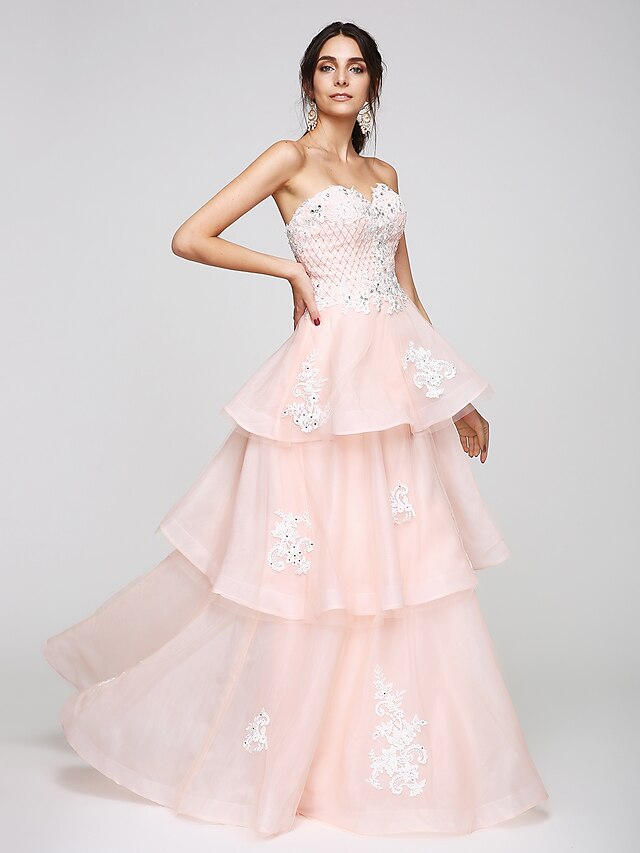  A-Line Elegant Holiday Cocktail Party Prom Dress Sweetheart Neckline Sleeveless Floor Length Organza with Beading Appliques  / Formal Evening