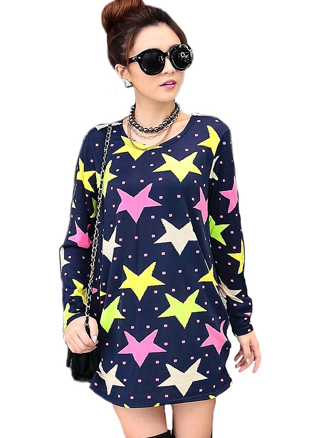  Women's Daily Street chic Fall T-shirt,Galaxy Round Neck Long Sleeves Cashmere Medium