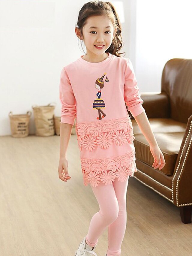  Girls' 3D Print Clothing Set Long Sleeve Spring Fall Cartoon Lace Cotton 6-12 Y Casual Daily