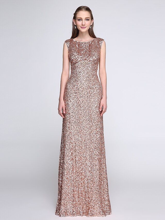  Sheath / Column Scoop Neck Floor Length Sequined Bridesmaid Dress with Sequin by LAN TING BRIDE® / Sparkle & Shine
