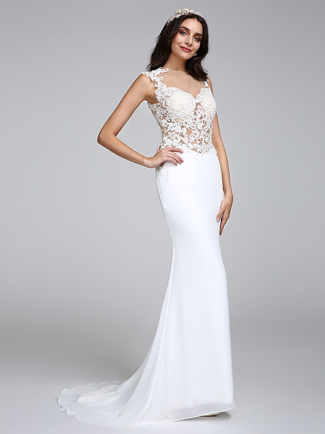  Mermaid / Trumpet Jewel Neck Sweep / Brush Train Chiffon Made-To-Measure Wedding Dresses with Appliques by LAN TING BRIDE®