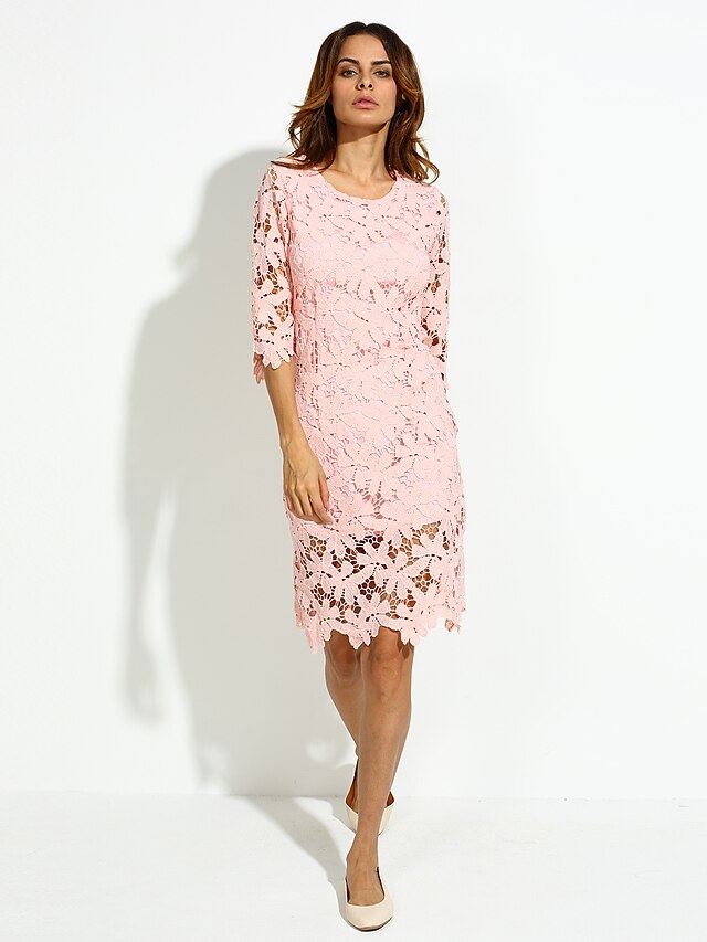  Women's Lace Sheath/Lace Dress,Solid Round Neck Knee-length ½ Length Sleeve Pink Cotton Spring Mid Rise Micro-elastic