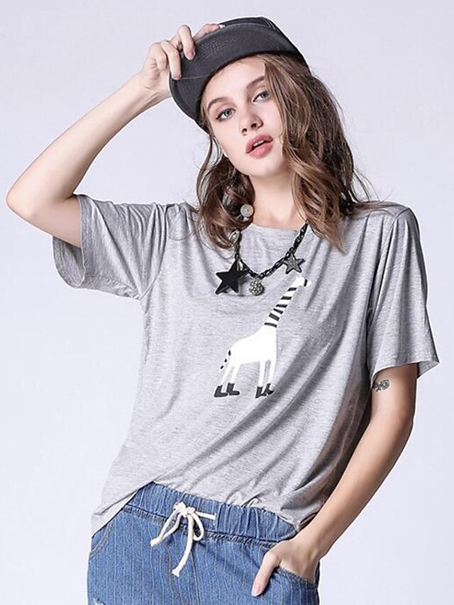  Vrouwen Street chic Zomer T-shirt,Casual/Dagelijks Print Ronde hals Korte mouw Grijs Katoen Medium