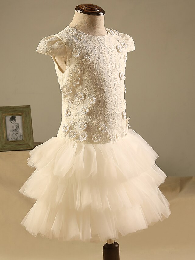  Sheath / Column Knee Length Flower Girl Dress - Lace Short Sleeve Jewel Neck with Appliques / Lace by LAN TING BRIDE®