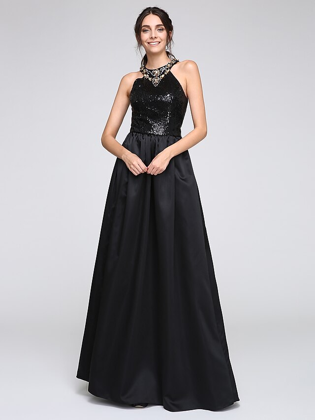  A-Line Sparkle & Shine Formal Evening Dress Jewel Neck Sleeveless Floor Length Satin Sequined with Beading Sequin