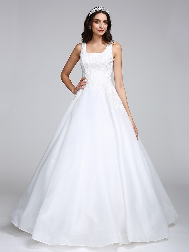  Vestido de Gala Vestidos de novia Escote Cuadrado Hasta el Suelo Organdí Tirantes Comunes Formal Sencillo Vestidos Blancos Tallas Grandes con Apliques 2021