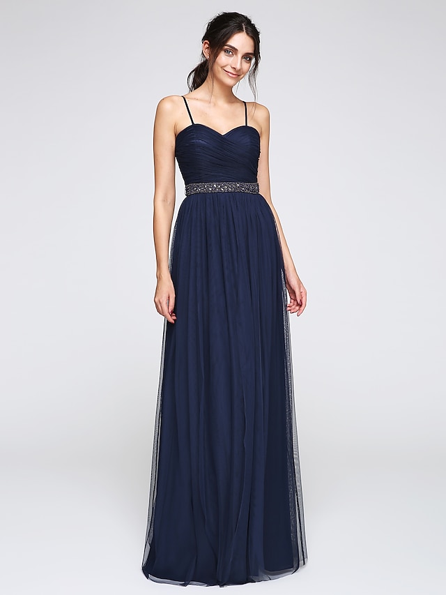  A-Line Minimalist Open Back Holiday Cocktail Party Prom Dress Spaghetti Strap Sleeveless Floor Length Tulle with Criss Cross Beading