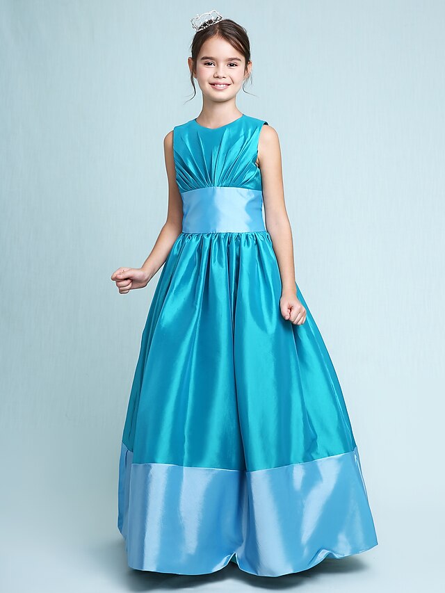  Princess / A-Line Jewel Neck Floor Length Taffeta Junior Bridesmaid Dress with Sash / Ribbon / Draping