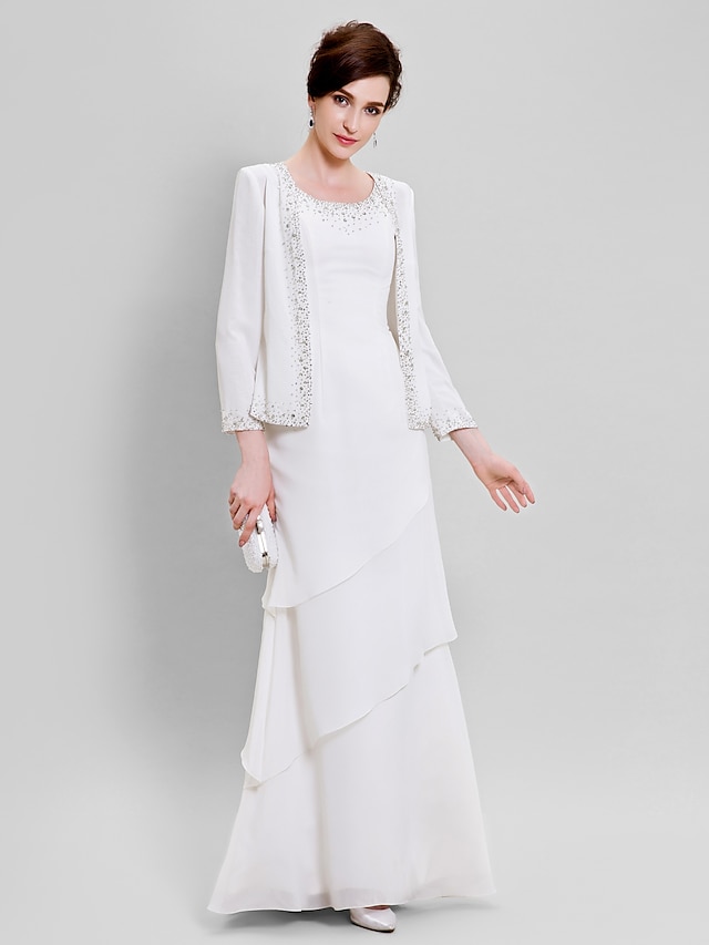  Sheath / Column Mother of the Bride Dress Wrap Included Scoop Neck Floor Length Chiffon Long Sleeve with Beading 2022