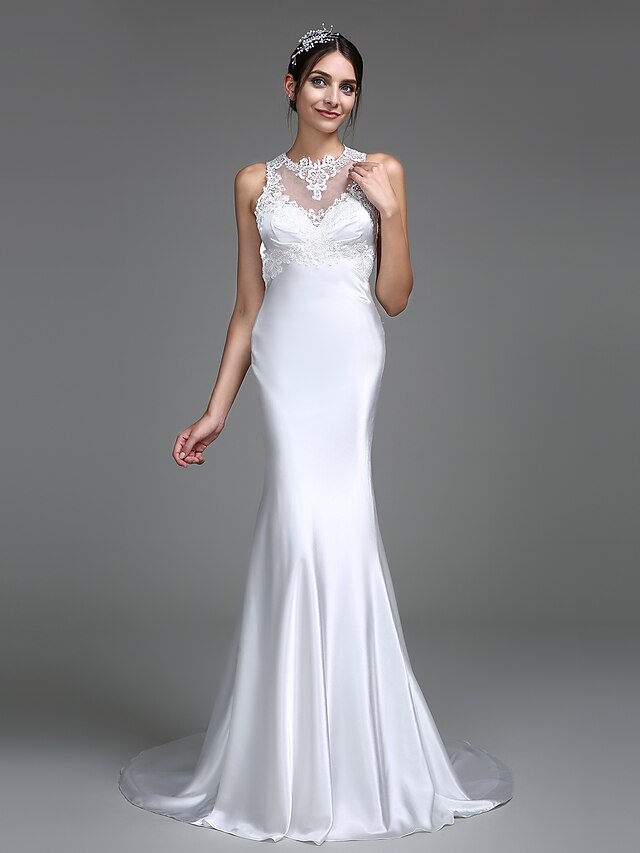  Mermaid / Trumpet Jewel Neck Court Train Charmeuse Made-To-Measure Wedding Dresses with Appliques / Button by LAN TING BRIDE® / See-Through