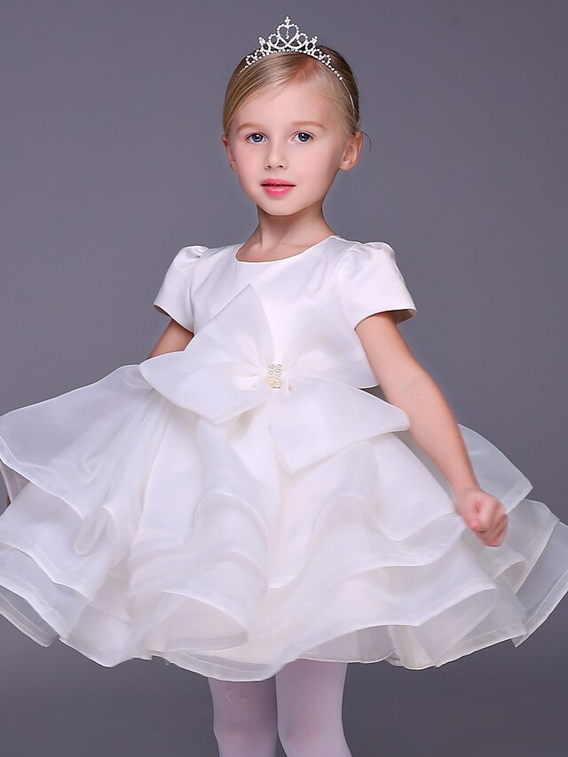  Ball Gown Short / Mini Flower Girl Dress - Organza Short Sleeve Jewel Neck with Bow(s) by