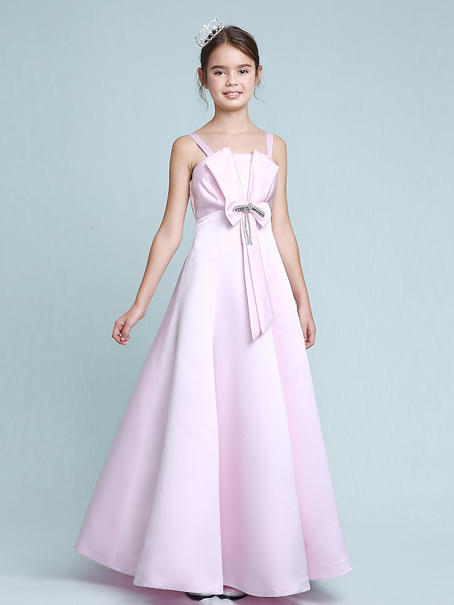  Princess Floor Length Spaghetti Strap Stretch Satin Winter Junior Bridesmaid Dresses&Gowns With Bow(s) Kids Wedding Guest Dress 4-16 Year