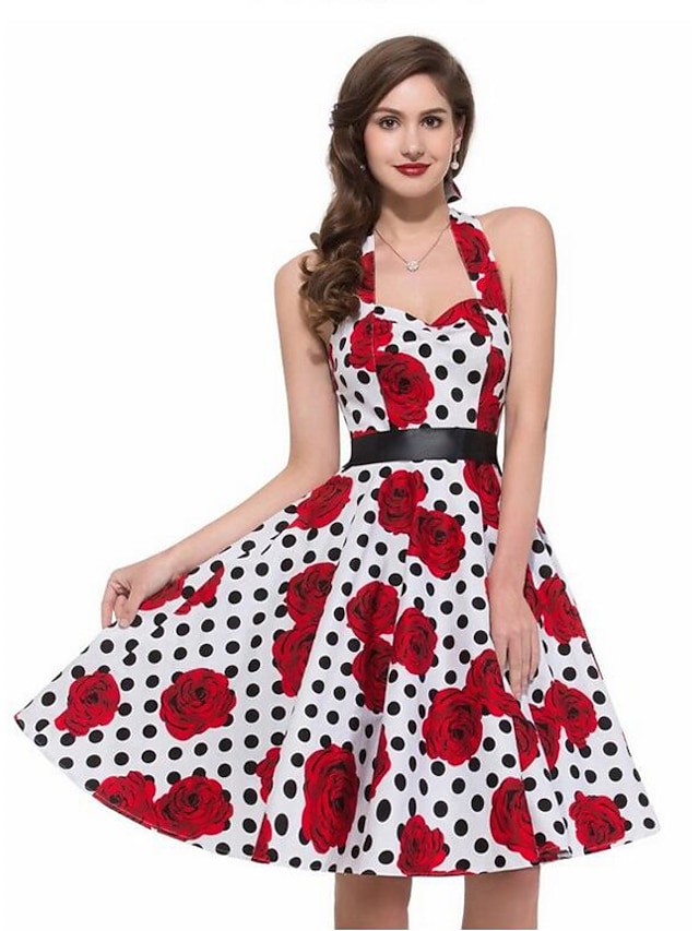  Dames Uitgaan Vintage A-lijn Jurk - Polka dot, Print Halter Tot de knie / Bloemen