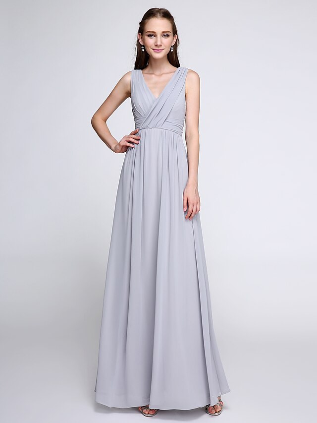  Sheath / Column Bridesmaid Dress V Neck Sleeveless Color Block Ankle Length Chiffon with Criss Cross